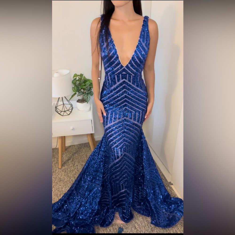 Jovani Blue Sequined V-Neck Mermaid Evening Dress